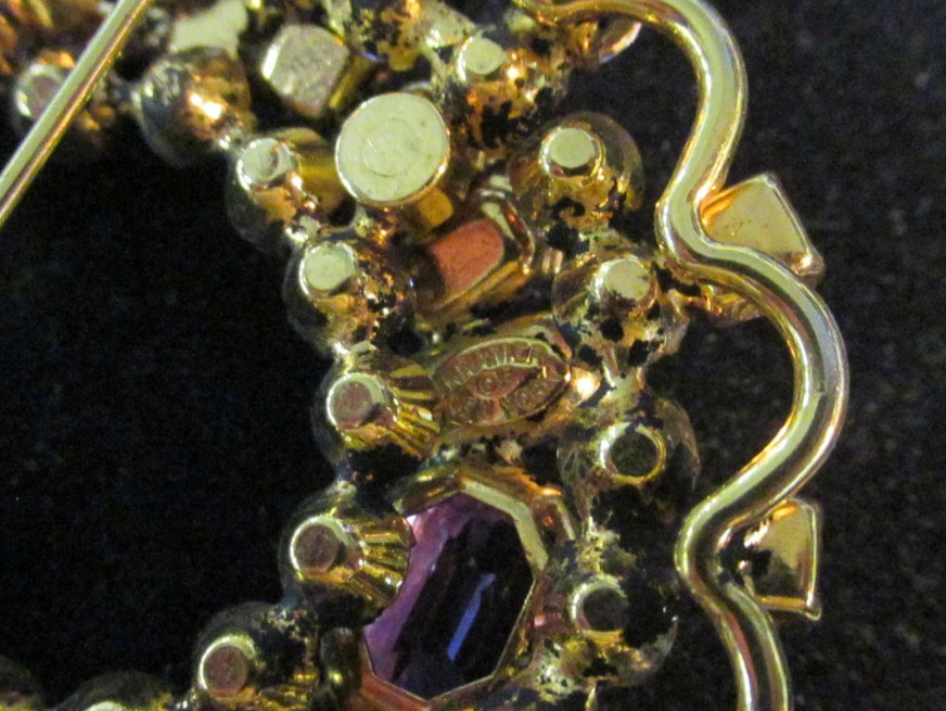 Signed Kramer of New York Crescent Moon Lavender Rhinestone Stone Brooch Pin