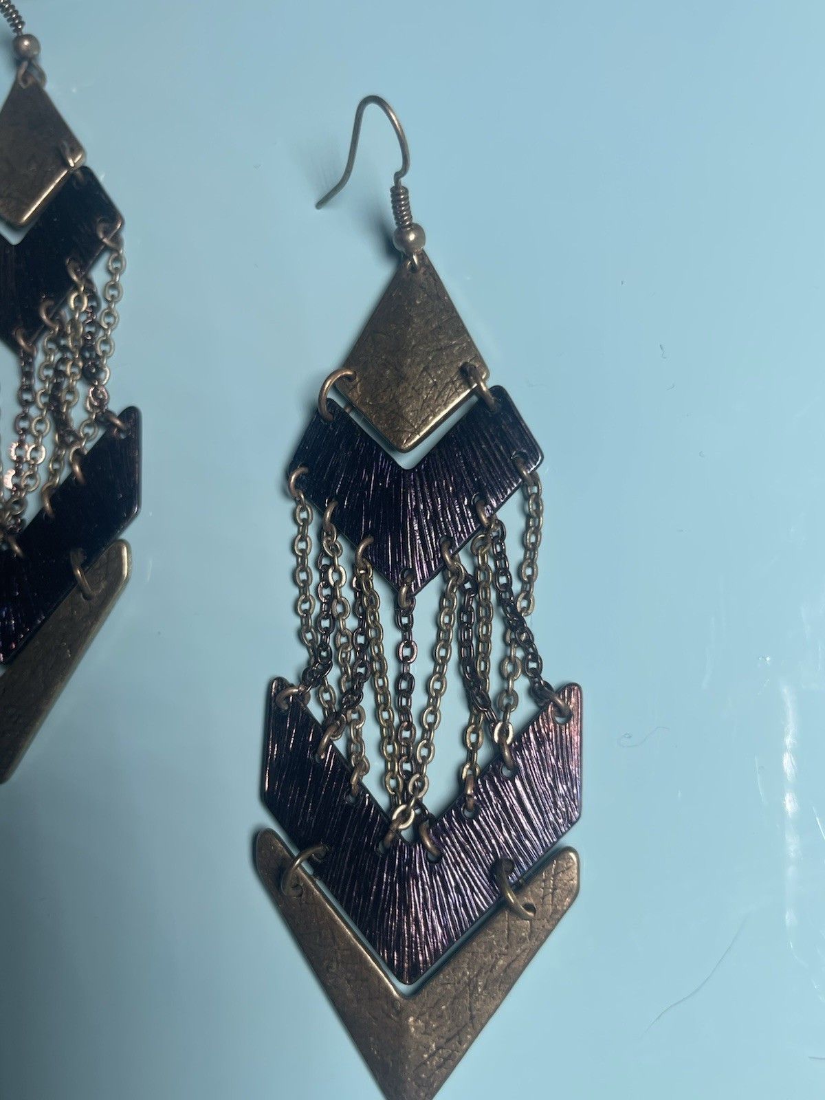 Vintage Geometric Chandelier Dangle Earrings Bronze Tone Layered Chevron Chain