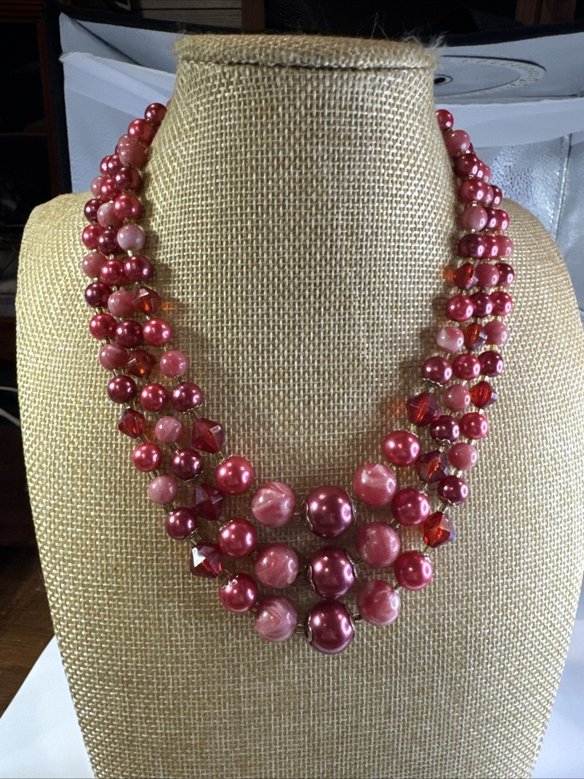 VTG 60s Japan Triple Strand Pink Plastic Layered Bead Statement Necklace