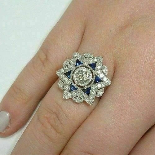 Art Deco Round Lab Created Diamond & Sapphire Wedding 14K White Gold Finish Ring