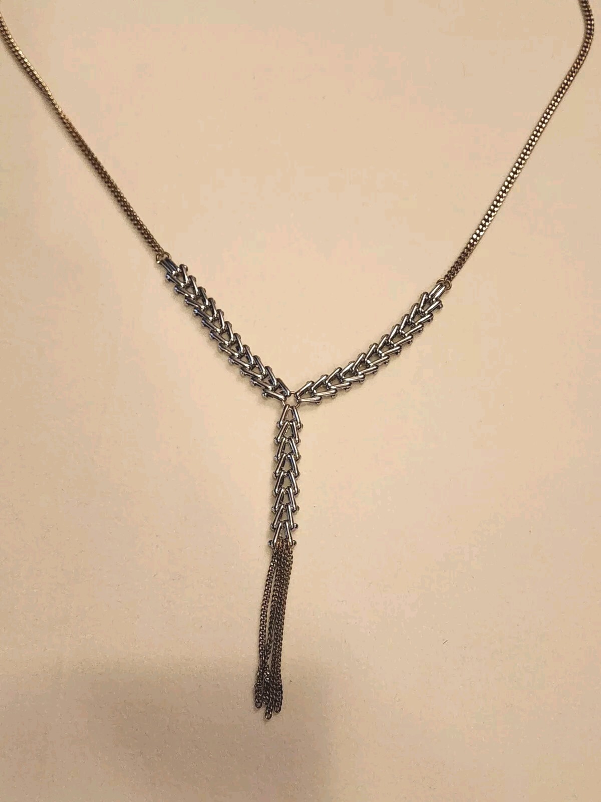 Signed Hinged Chevron Link & Curb Chain Y Statement Necklace Mixed Metals