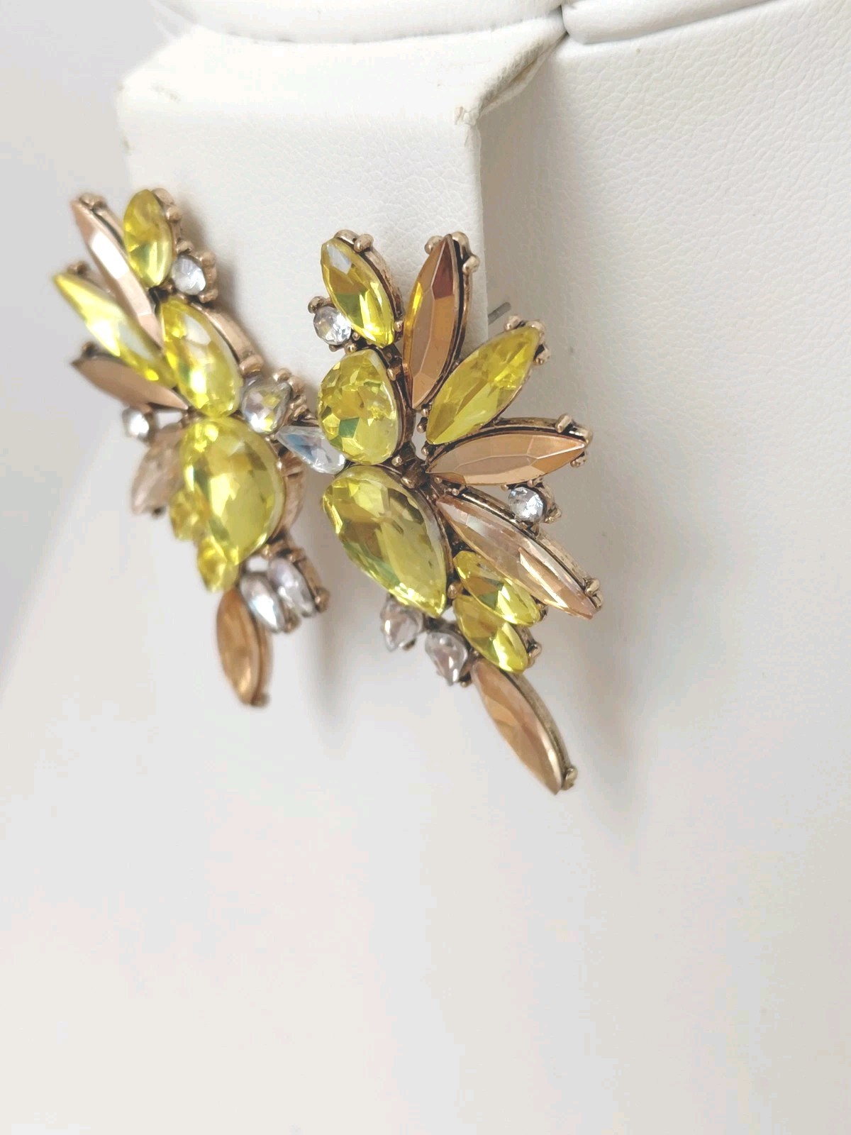 Yellow, Champagne, Clear Rhinestone Earrings / Very Good Condition / 2 In Length