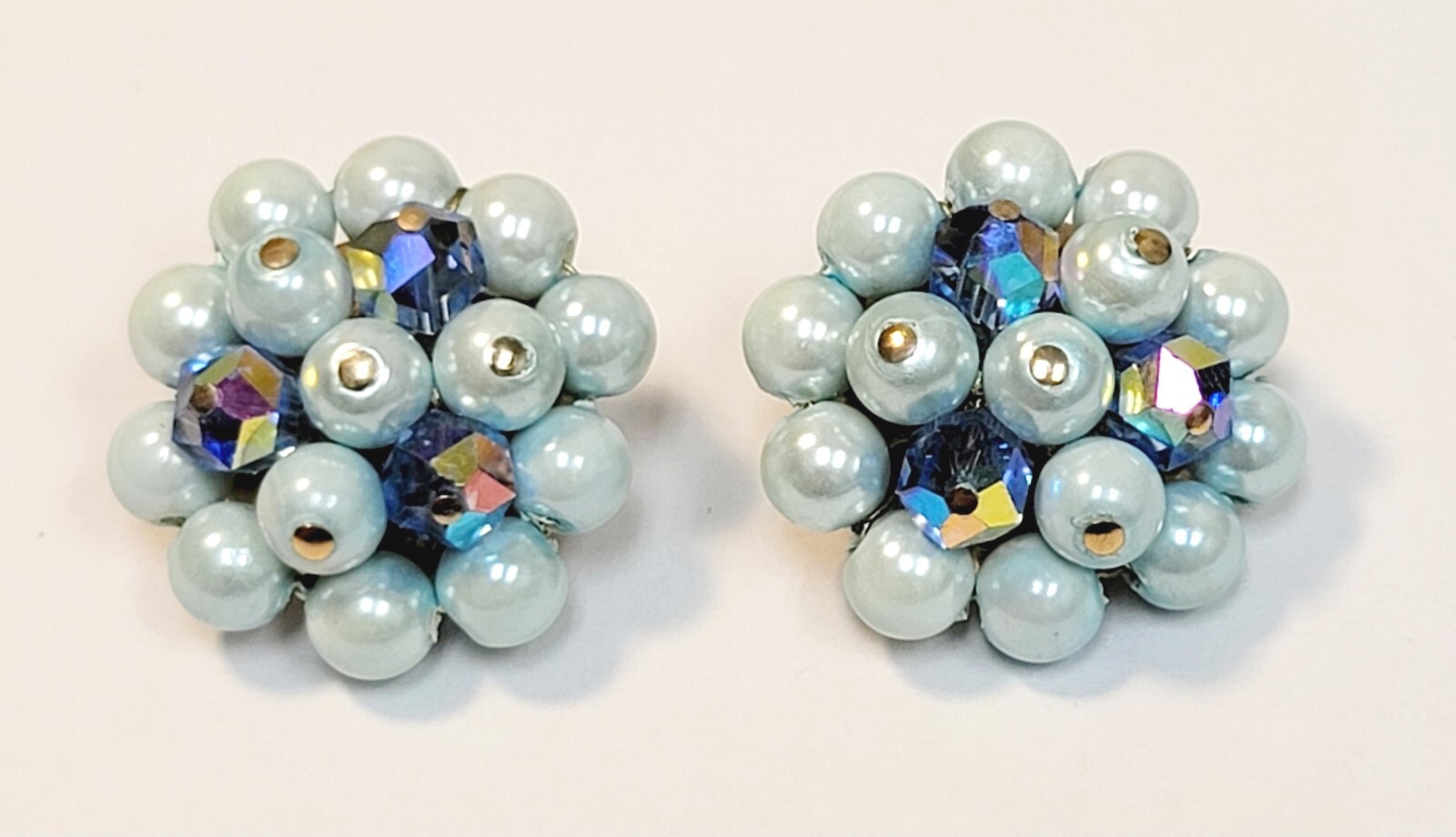 Vintage Signed Laguna Blue Faux Pearl AB Crystal Beads Cluster Earrings