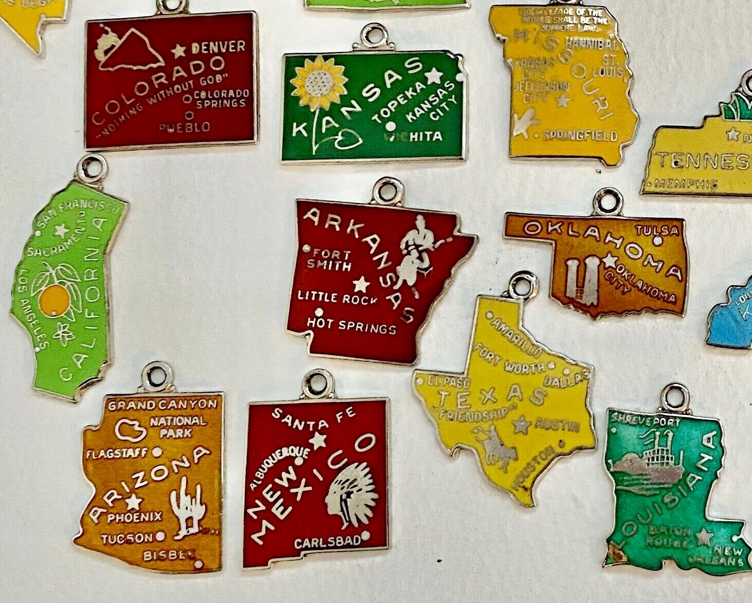 Vintage WELLS Sterling Silver Cloisonné Enamel USA State MOTTO Map Charms