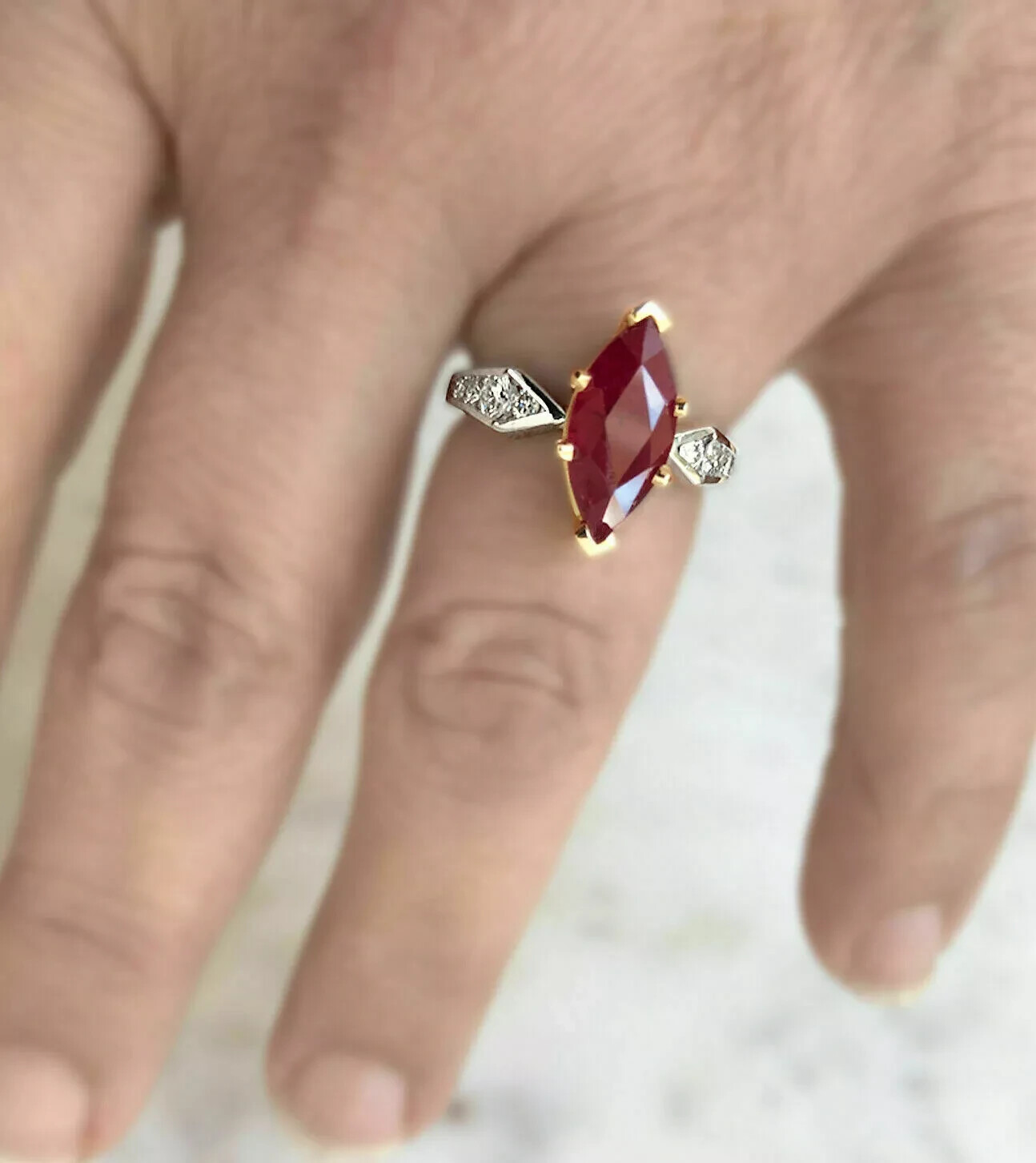 Art Deco Marquise Cut Ruby Lab Created Diamond 14K White Gold FN Engagement Ring
