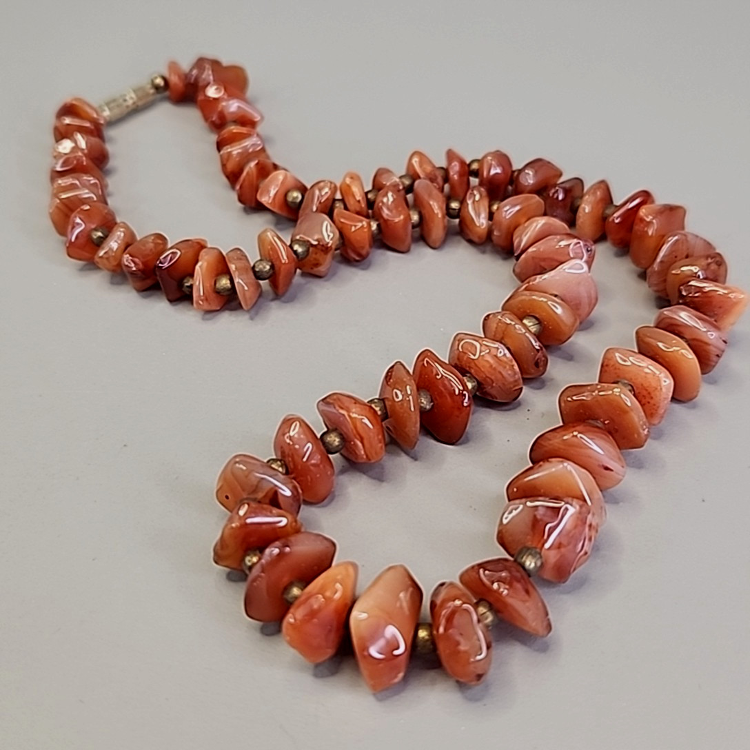Vintage Carnelian Agate Beaded Necklace Stone Orange Polished Nugget 17.5″