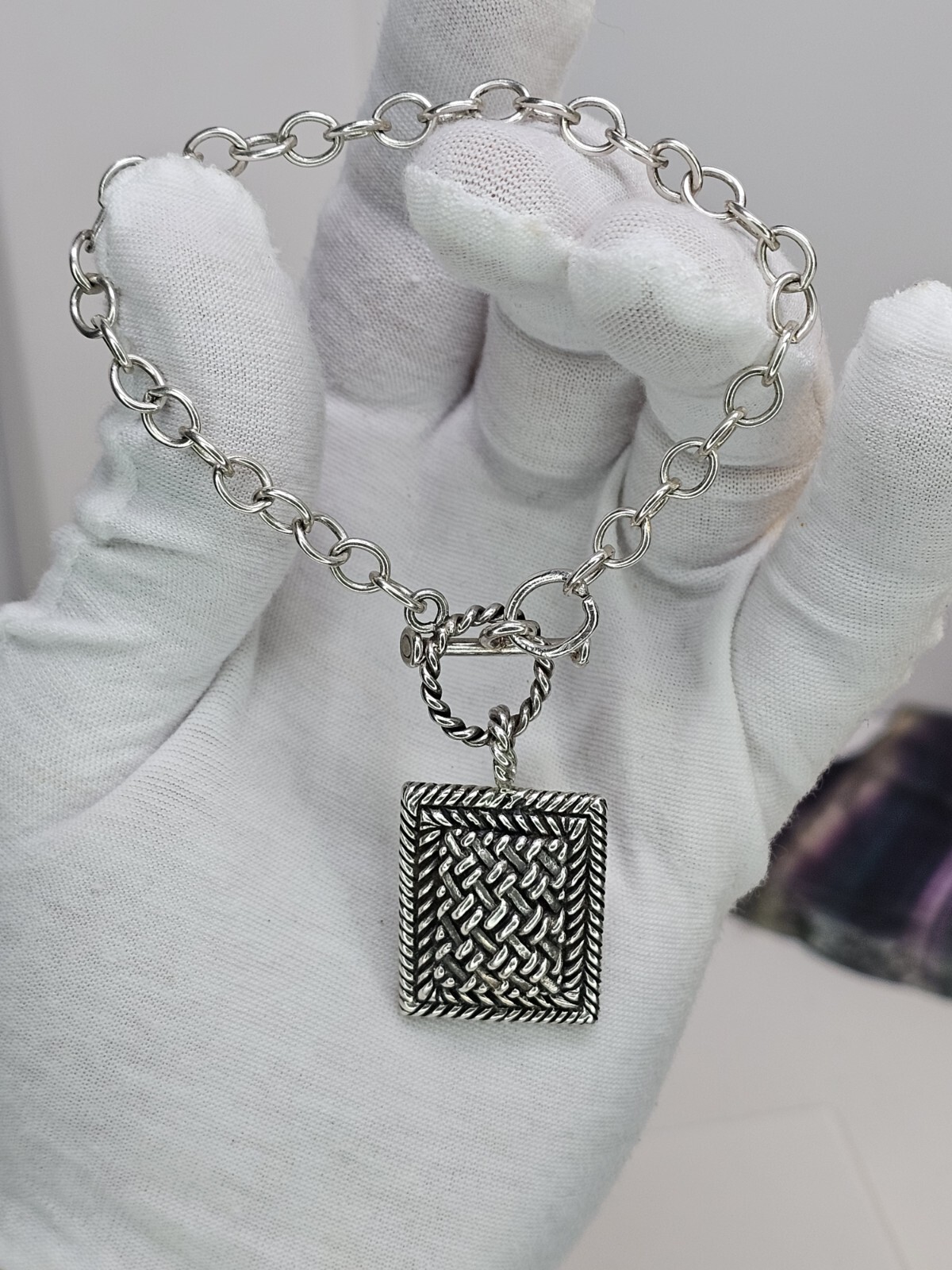 Vintage 925 Sterling Silver – Braided Dog Tag Charm Bracelet Size 8.25″
