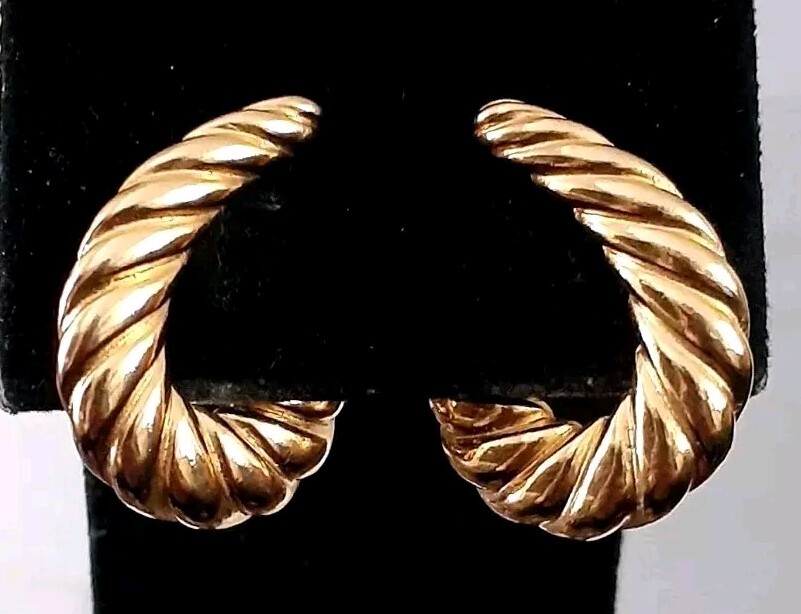 Lancer Gold tone ribbed hoop Huggie Clip on Earrings