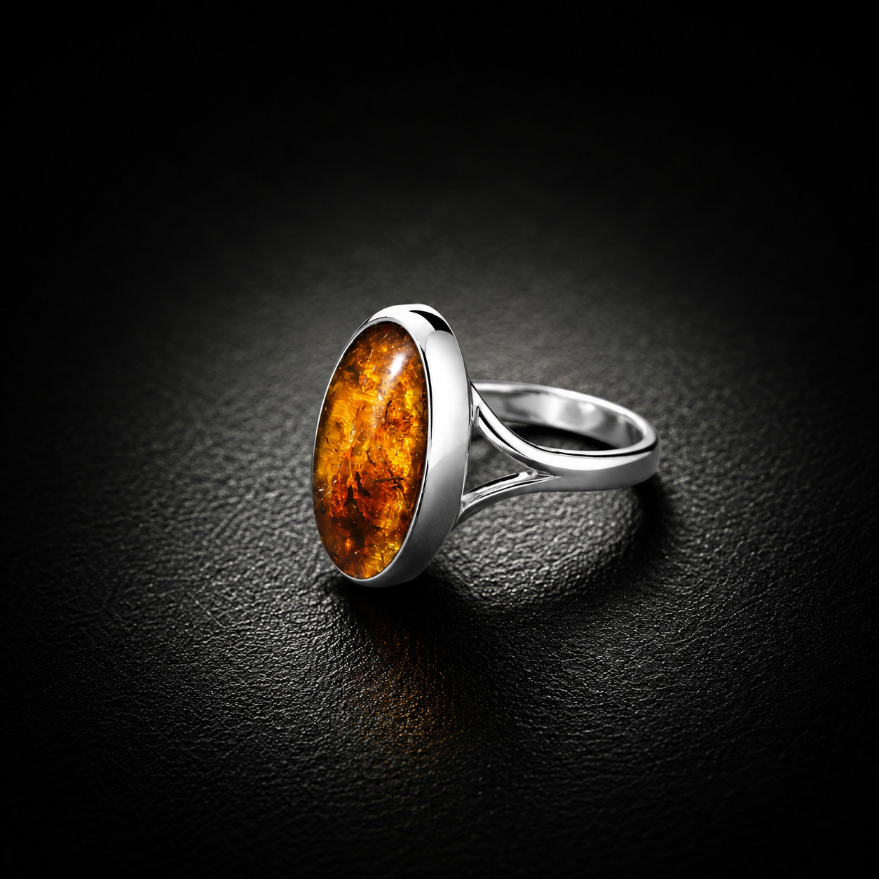 Fine Rare Orange Brown Amber 925 Sterling Silver Maquise Ring US#7.5