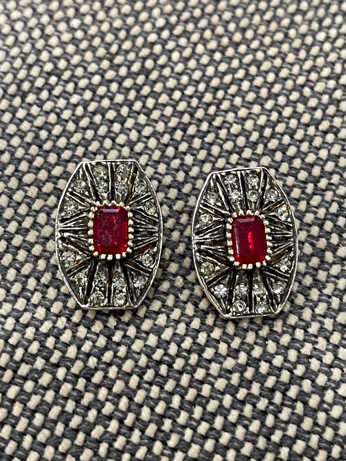 Vtg European 835 Silver Pair of Clip on Earrings w/ Red & Clear Stones Crystals