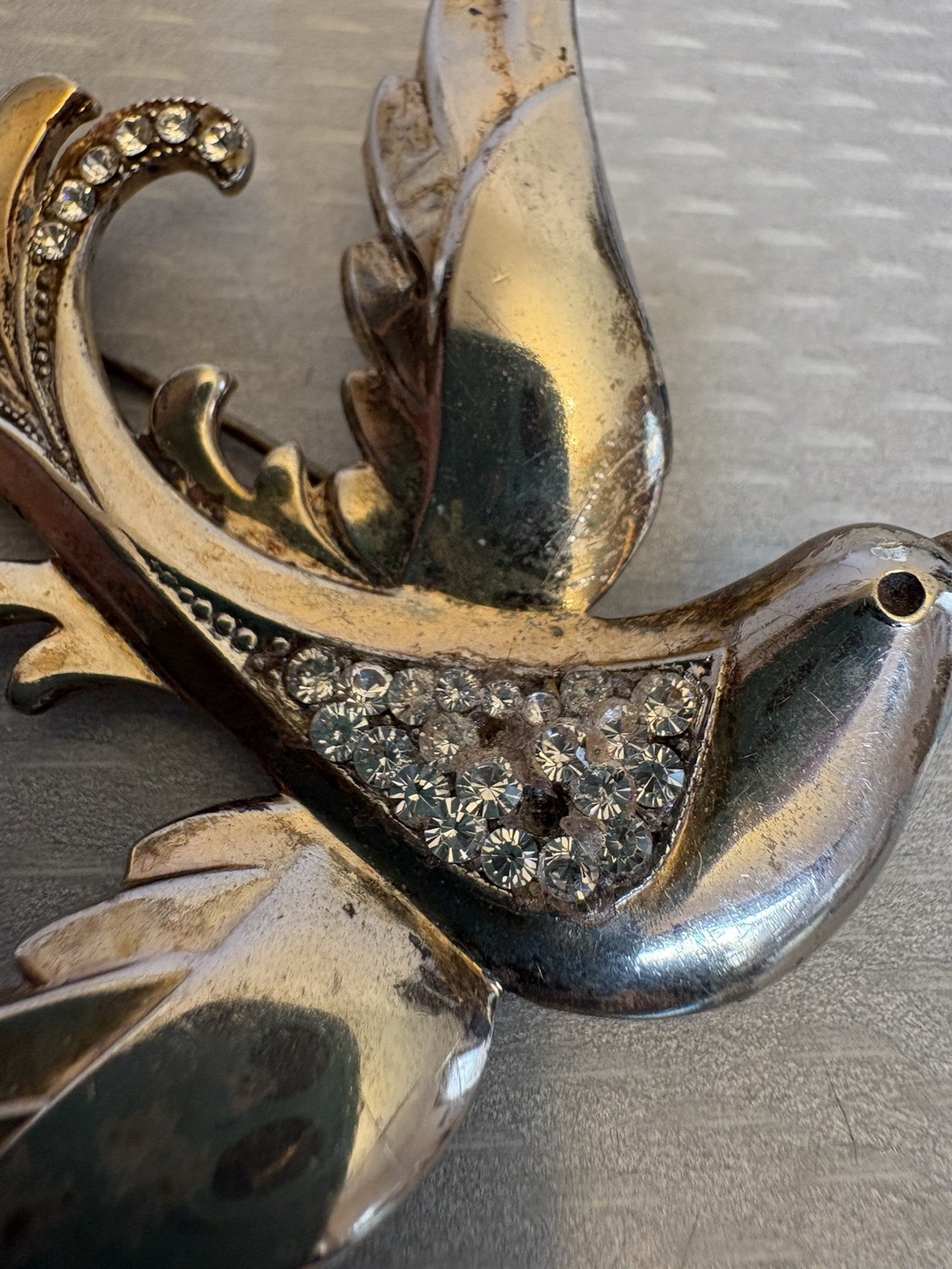 1940s Retro Vintage Sterling Gold Vermeil Rhinestone Bird Brooch 30g READ