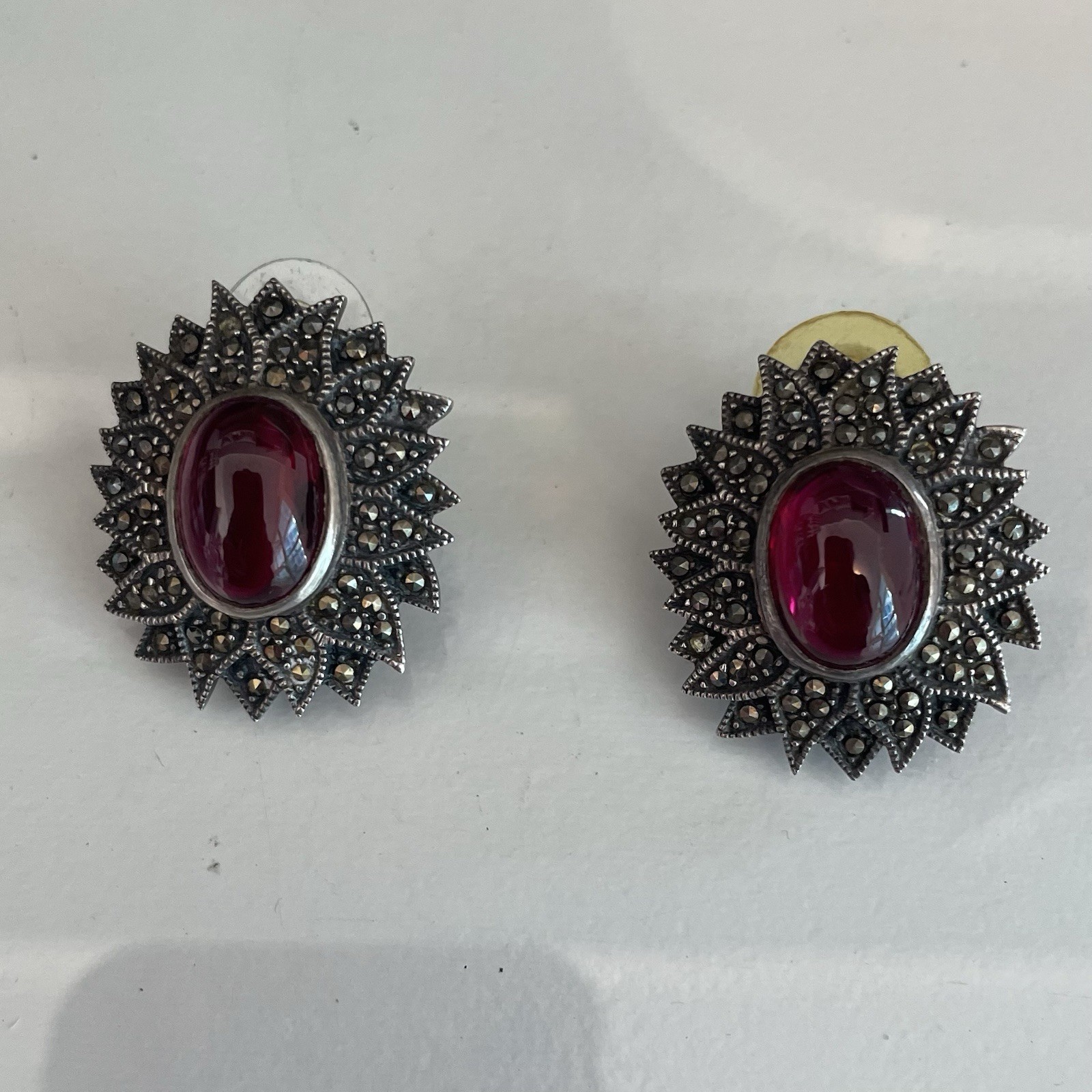 Vintage Ruby Red Cabochon Marcasite Style Statement Earrings Silver Tone ArtDeco
