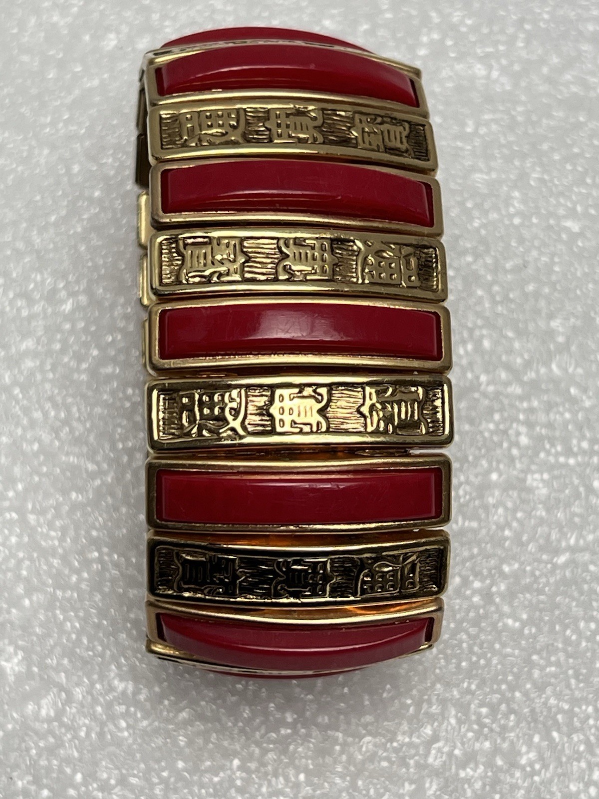 Vintage Gold Tone Red Acrylic Expansion Bracelet Has Symbols Made In Hong Kong