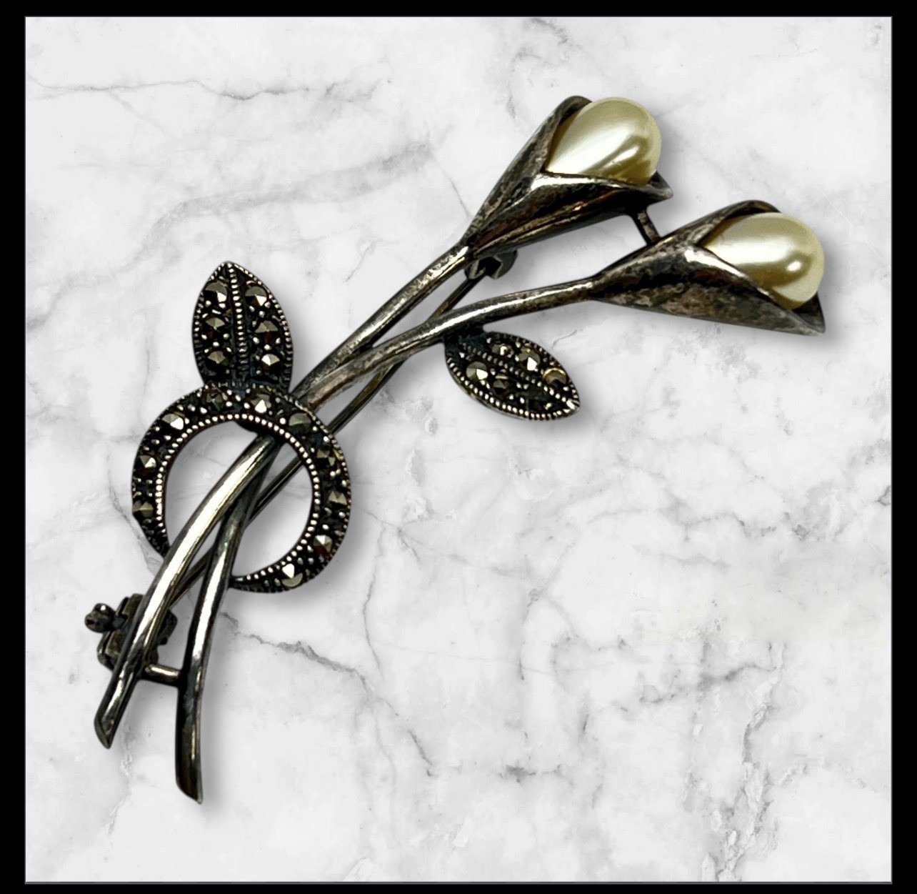 Vtg Silver Calla Lily Brushed Elongated Stems Marcasite Faux Pearls Pin Brooch