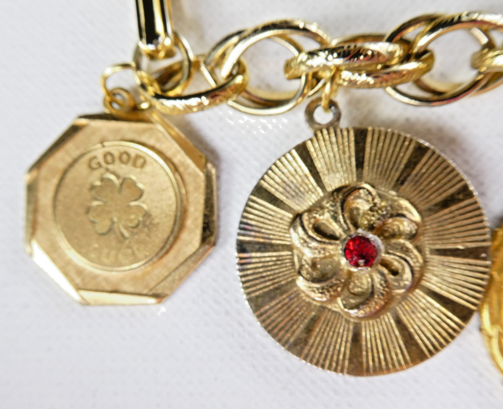 Vintage Heavy Charm Bracelet All Round Charms Gold Plated Engravable Good Luck