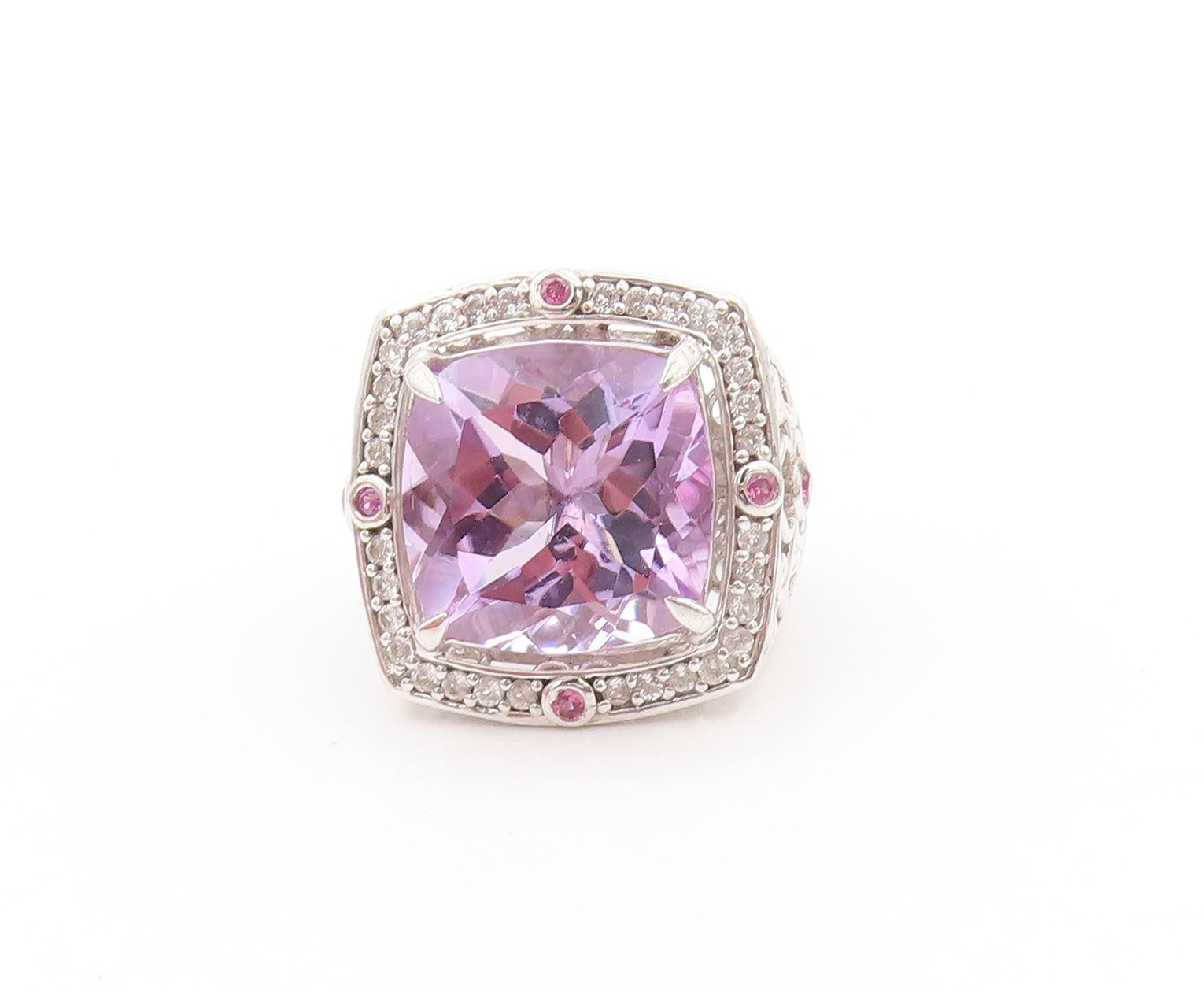 925 Sterling Silver Vintage Ring Large Amethyst Halo Sapphire Sz 5 RG32512