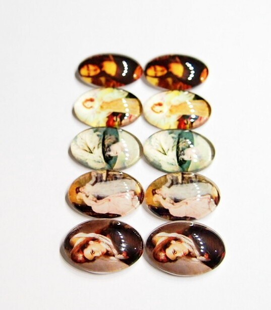 10 of 25x18mm Glass Victorian Art Deco Women Cameos, 5 Different Scenes, Nice