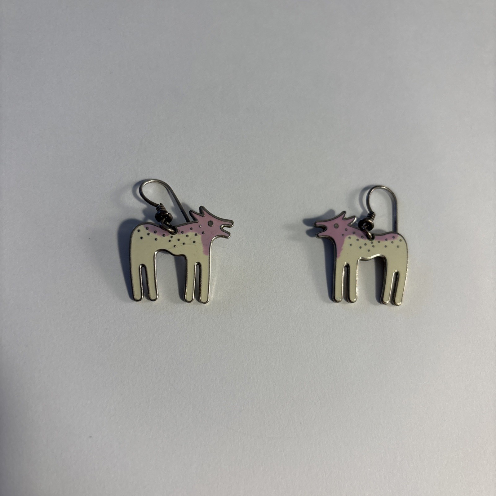 LAUREL BURCH “WILD DOG” DANGLE EARRINGS,SOFT PINK,WHITE ENAMEL, SIGNED, vintage