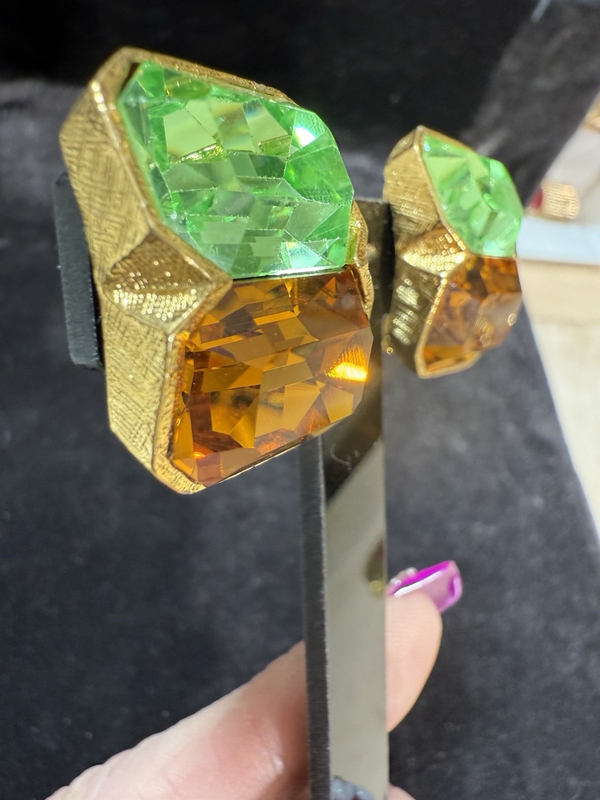 Vintage Signed Kenneth Lane Green & Orange Rhinestone Runway Clip-On Earrings