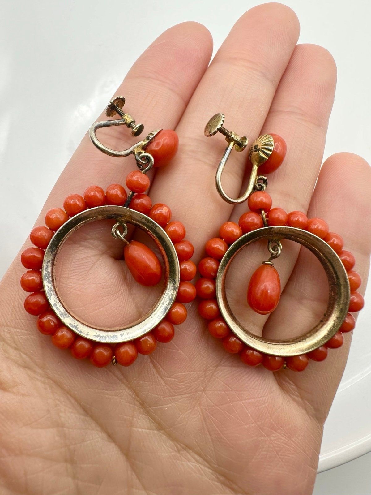 Antique Victorian 835 silver natural red coral screw back Earrings