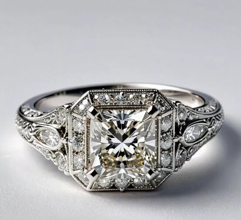 Art Deco Style 2.55Ct Asscher Cut Lab Created Diamond Engagement 925 Silver Ring