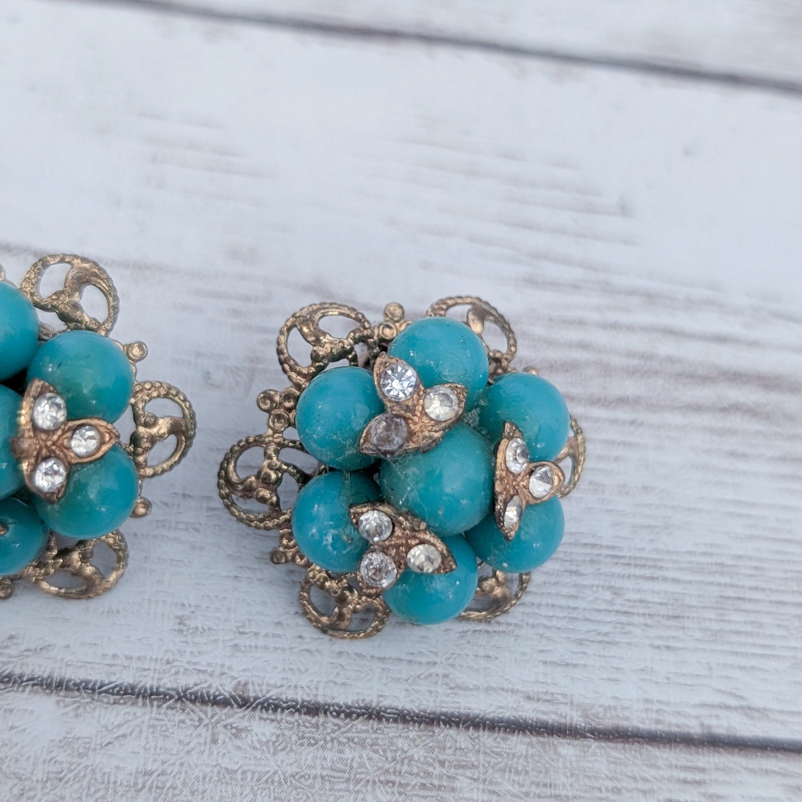 Vintage Clip On Earrings Turquoise Tone, Clear Gem – Clip Repair Needed