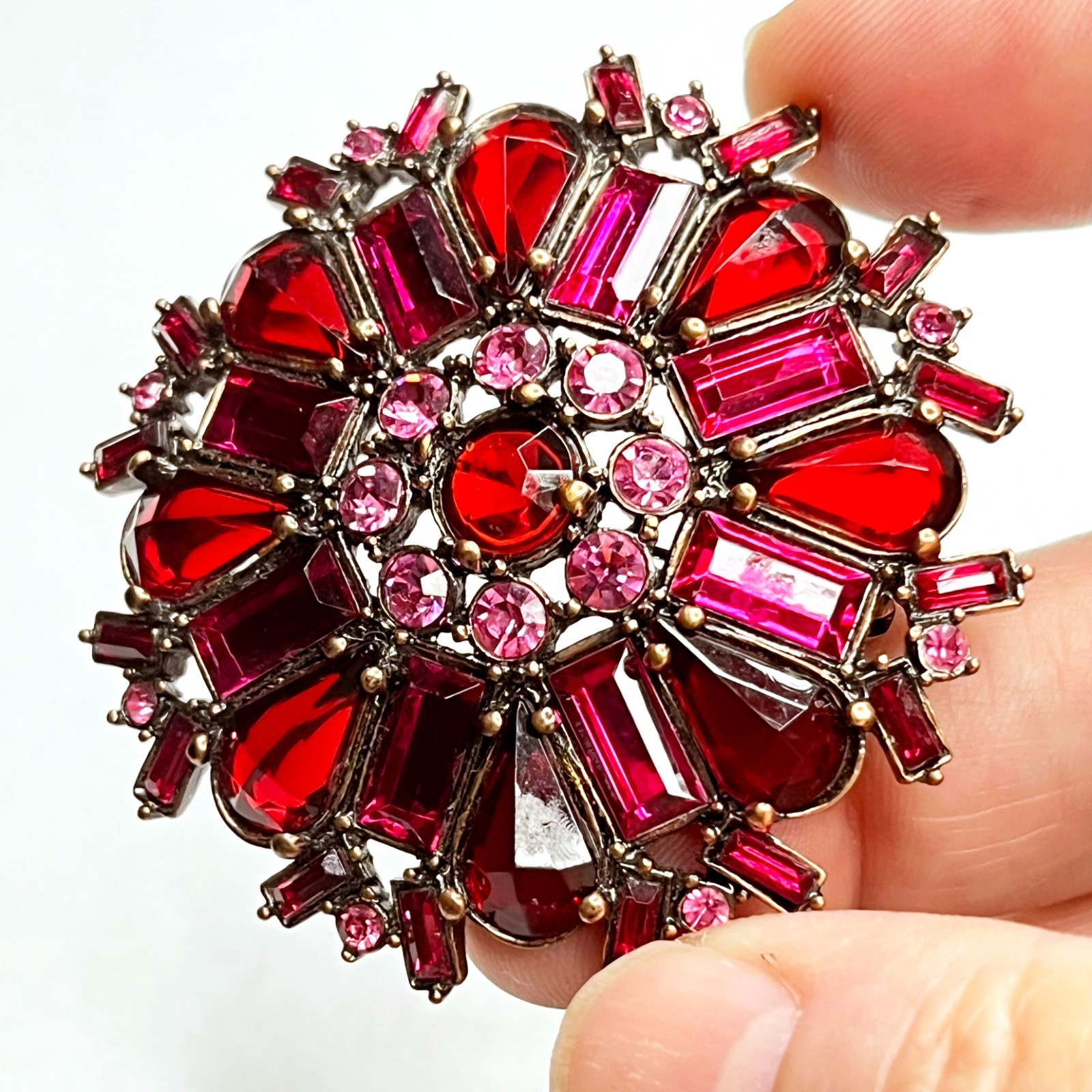 VTG Large Flower Snowflake Brooch Pin Red Fuchsia Pink Purple Glass Rhinestones