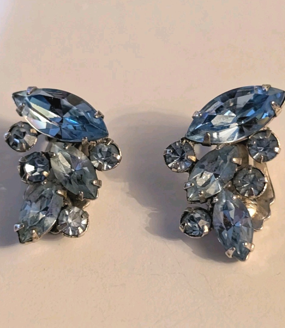Vintage Ice-Blue Rhinestone Snowflake Brooch & Clip Earrings Set, AB, 1960s