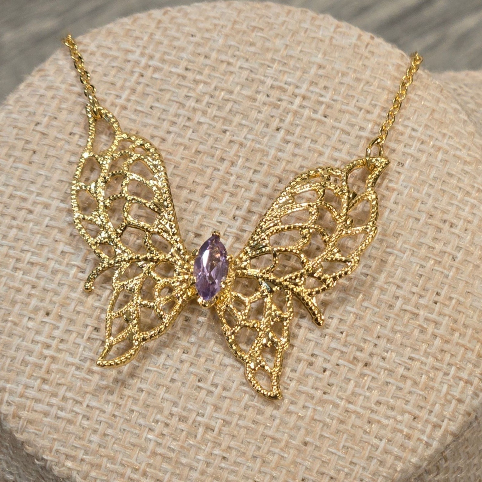Vintage Gold Butterfly Necklace Purple Stone Filigree 14K HGE Lindenwold Jeweler
