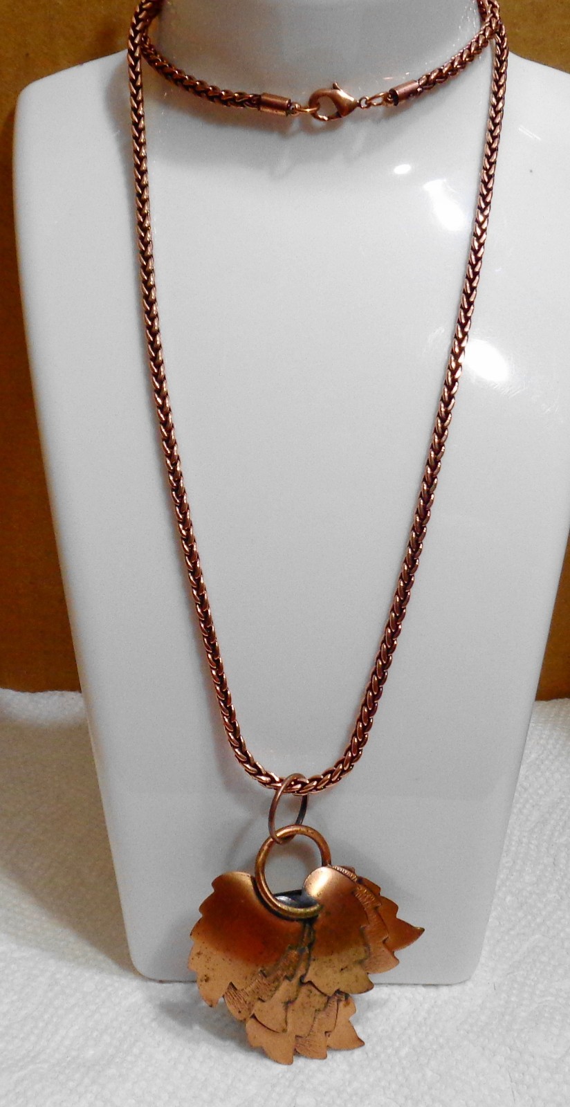 Vintage Solid Copper Renoir 3 Triple Leaf Brooch/Pendant w/24″ Fox Tail Chain