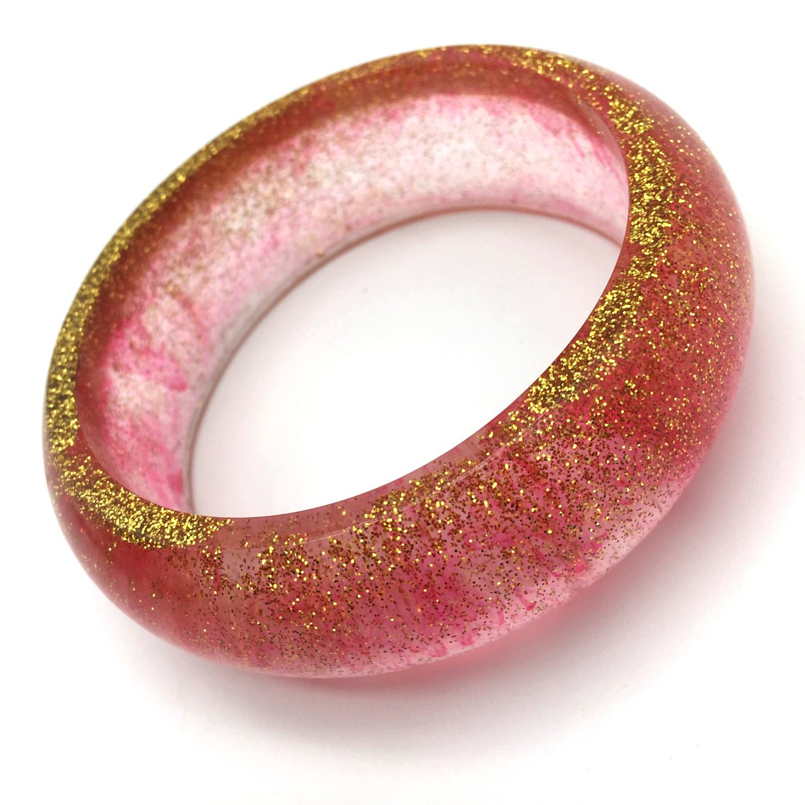 Gold Glitter Red Streaks Clear Lucite Bangle Bracelet