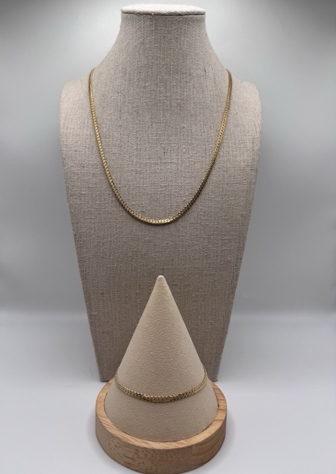 Vintage Korea Gold Tone Textured Flat S Link Chain Necklace & Bracelet Set