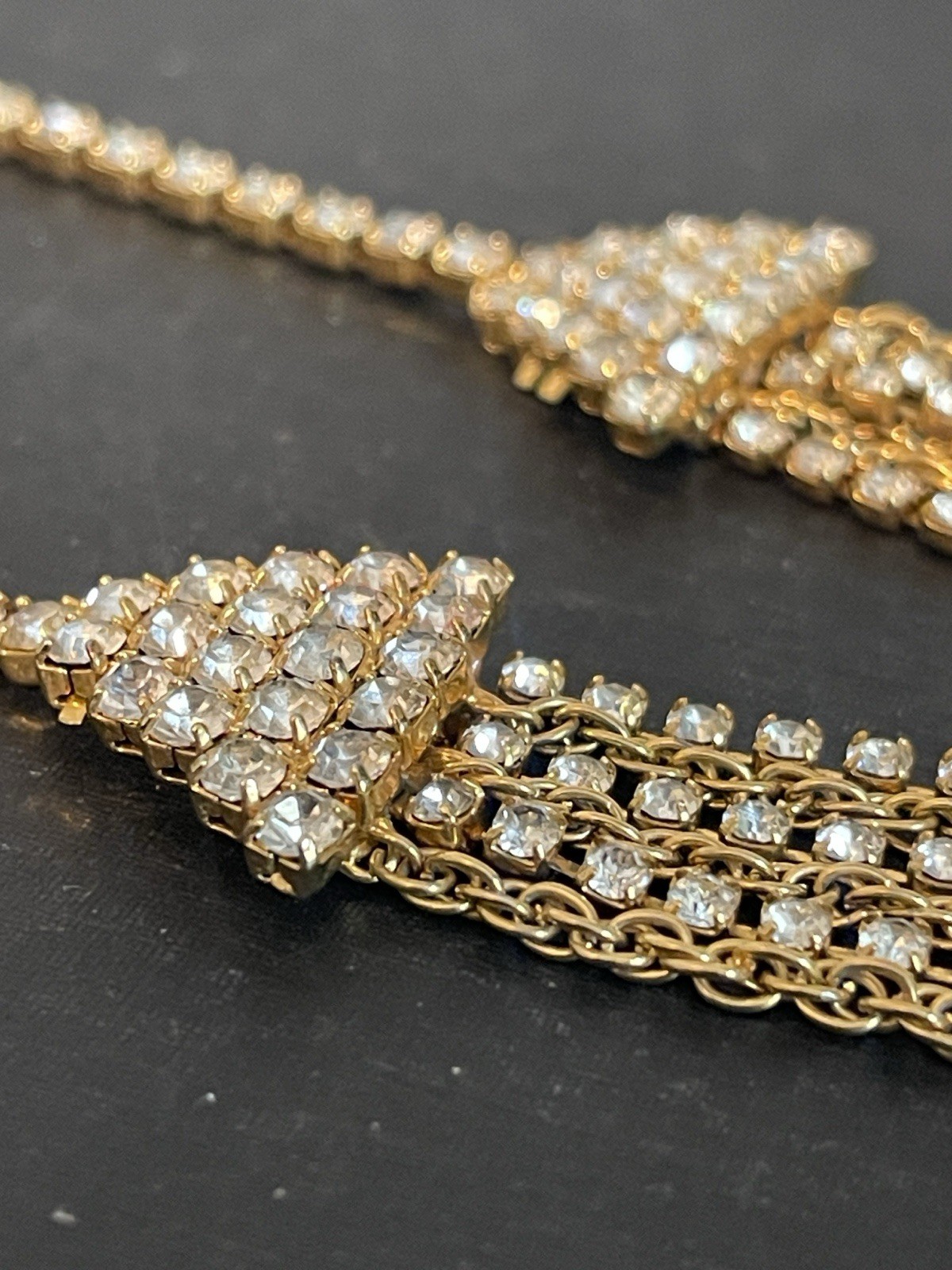 Vintage Multi-Strand Waterfall Rhinestone & Gold Chain Statement Necklace