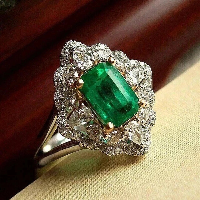 3Ct Lab Emerald Art Deco Ring 14K White Gold Plated Halo Engagement Wedding Band