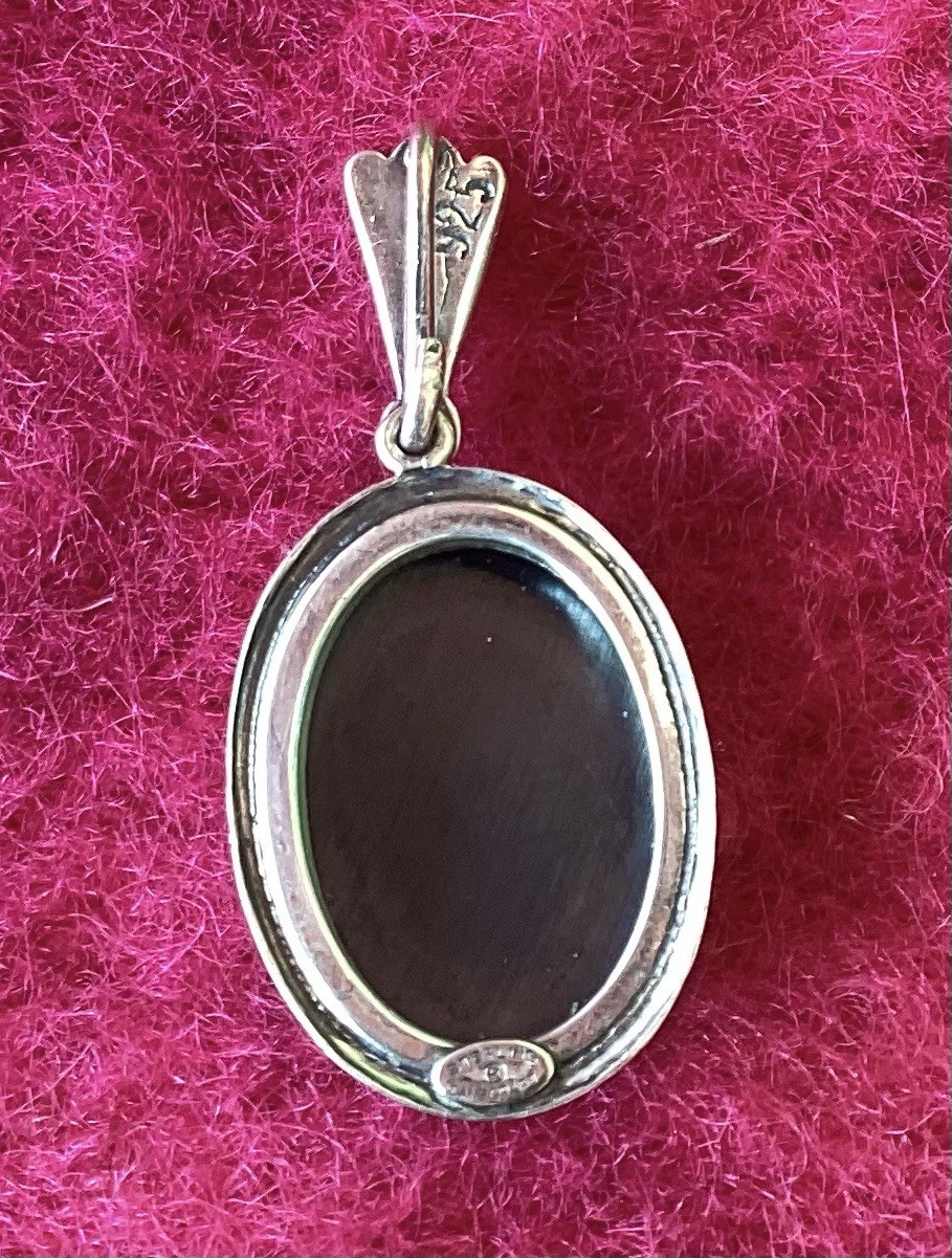 Vintage Danecraft Sterling Silver Faceted Oval Hematite Pendant