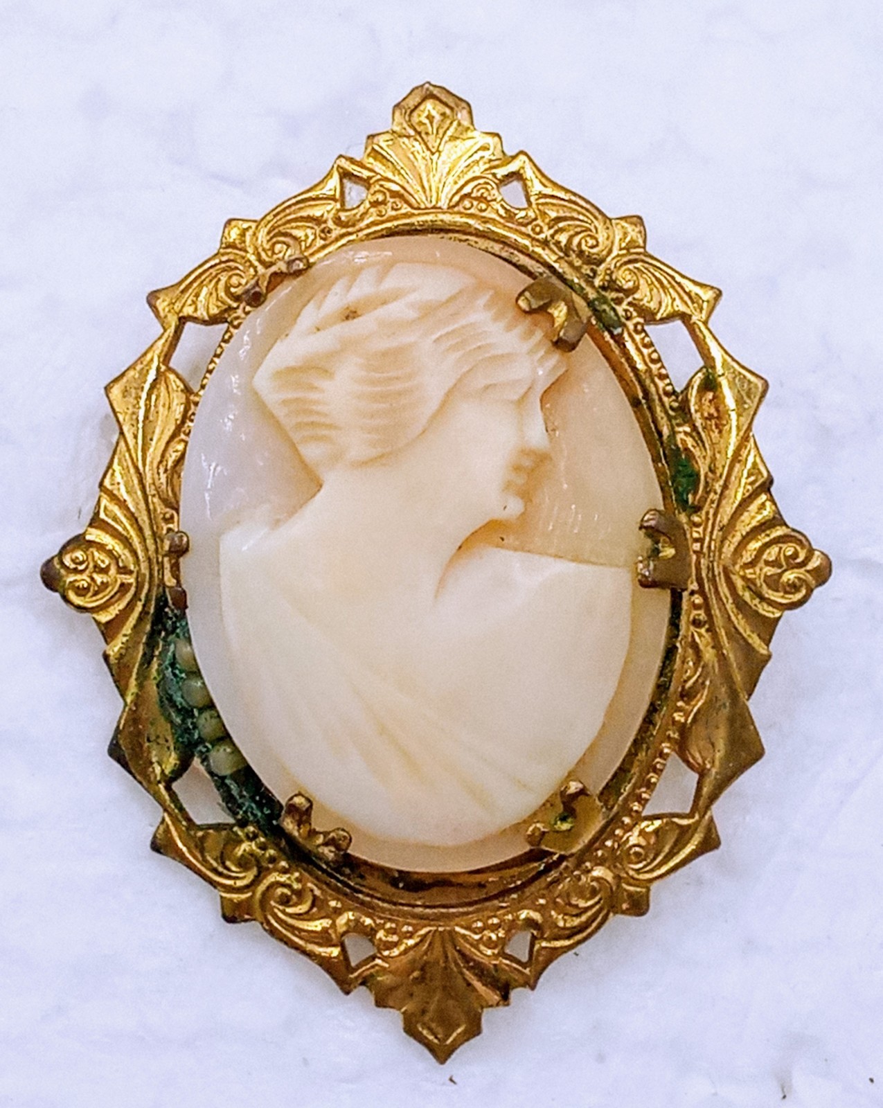 Vintage Brass And Shell Cameo Brooch With 4 Seed Pearls