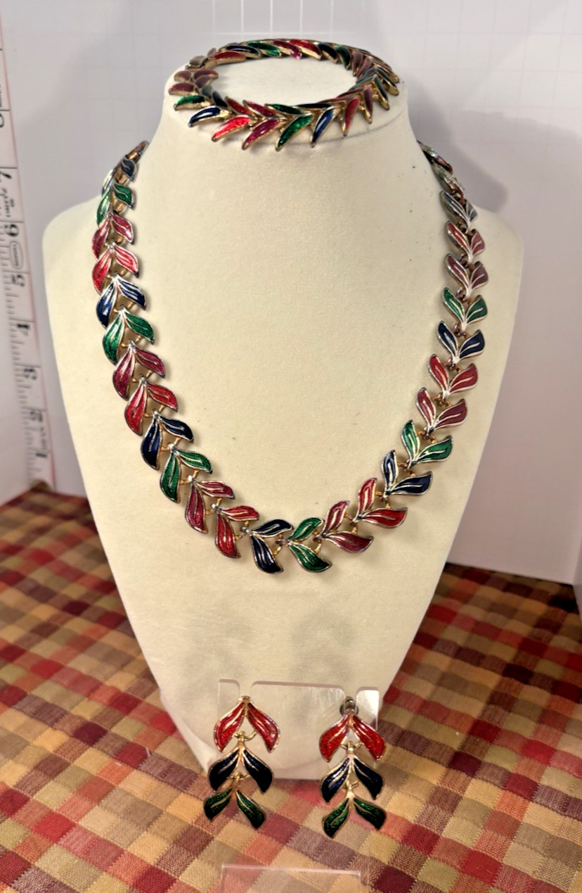 Vintage enamel jewelry set necklace, bracelet, earrings red, green blue leaves