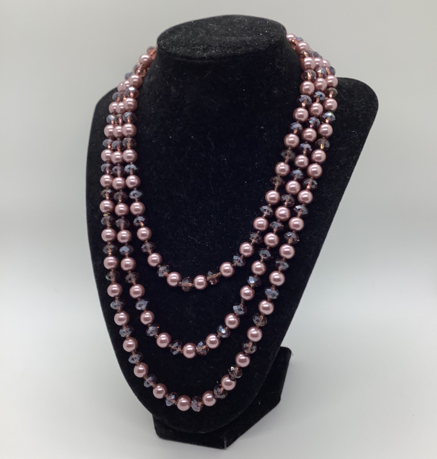 Vtg AB Smoky Lavender Purple Bead & Faux Pearl 59” Flapper Necklace Long