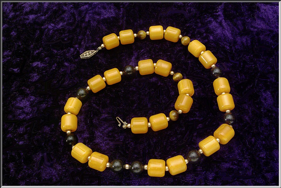 Vtg Sterling Tested Barrel Butterscotch Black Tiger’s Eye Bakelite Necklace 21″