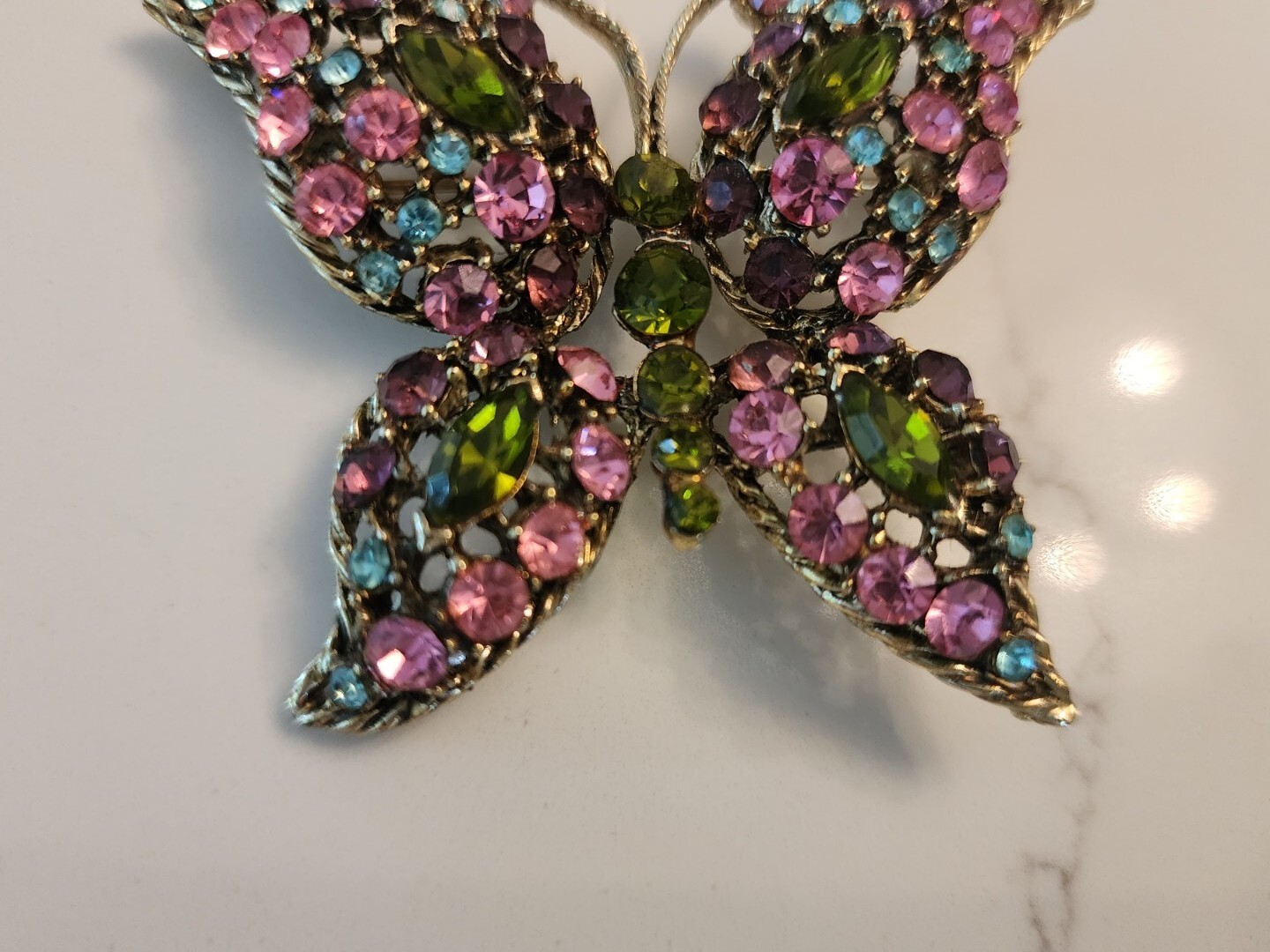 Vintage Butterfly Brooch Multicolor Rhinestones Midcentury 2 inches Pink