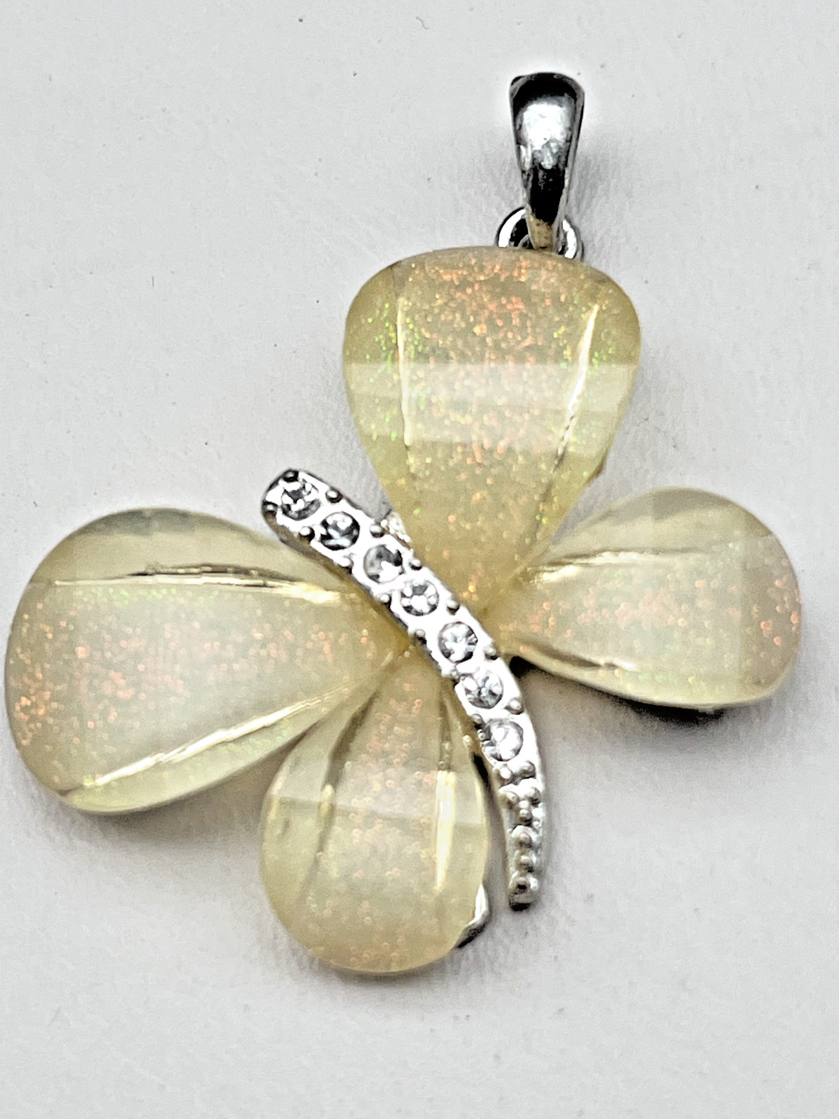 Vintage Acrylic Lucite Rhinestone Butterfly Necklace Pendant Yellow Glitter