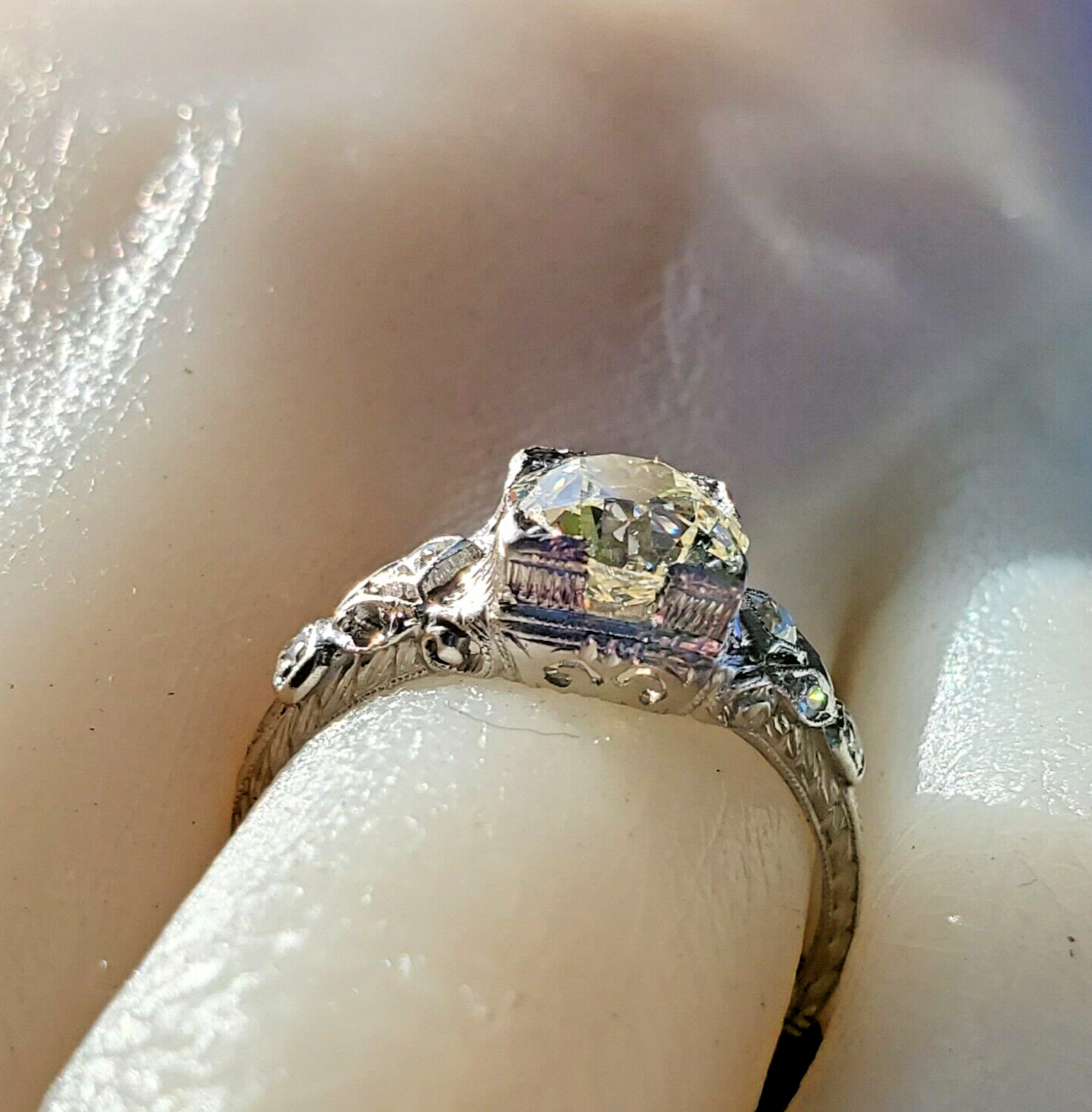 Original EARTH MINED DIAMOND Deco Engagement Ring 1.5 Antique Platinum Solitaire