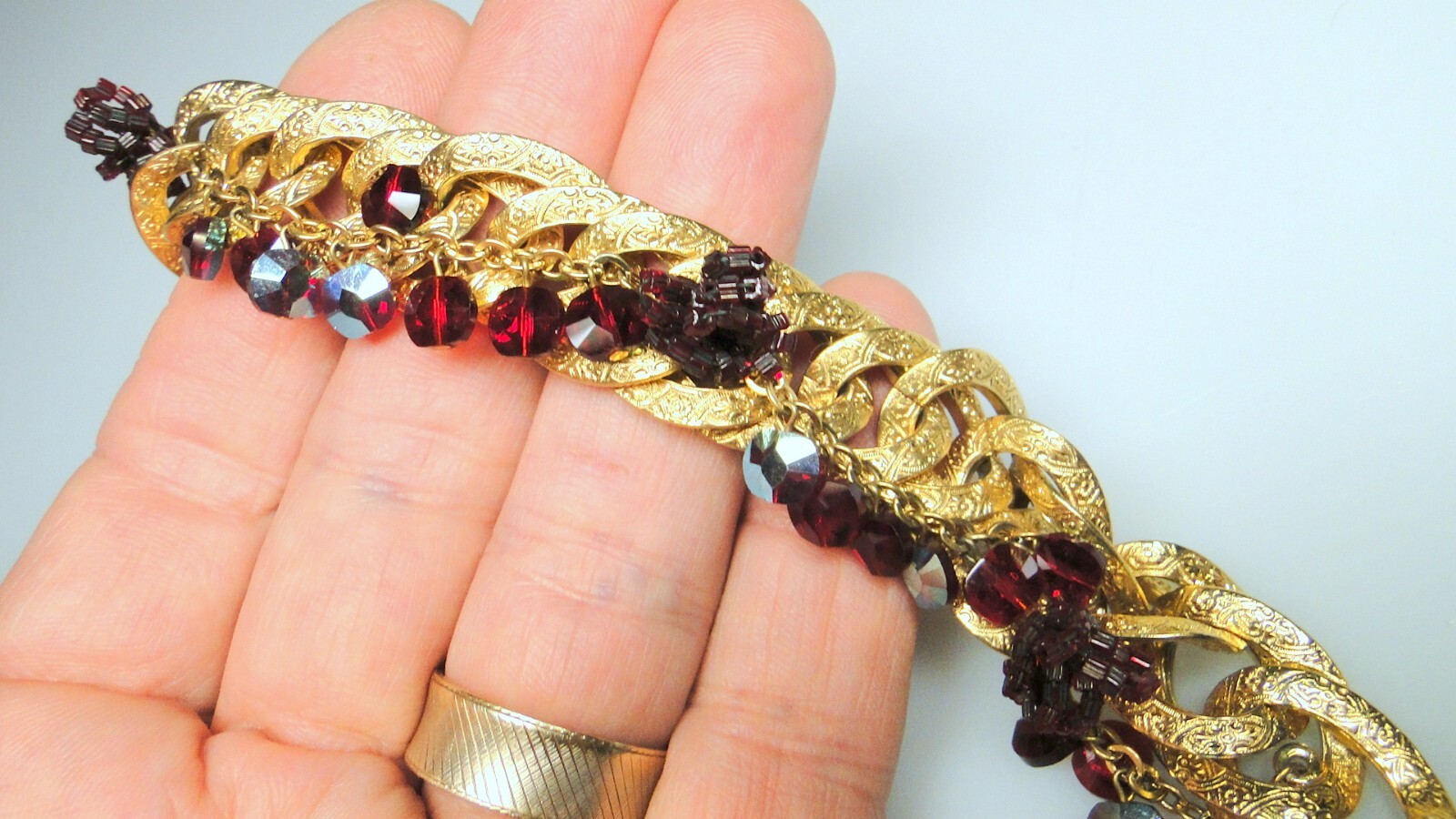 Vintage Red Rhinestone Pin & Ornate Crystal Bracelet Lot