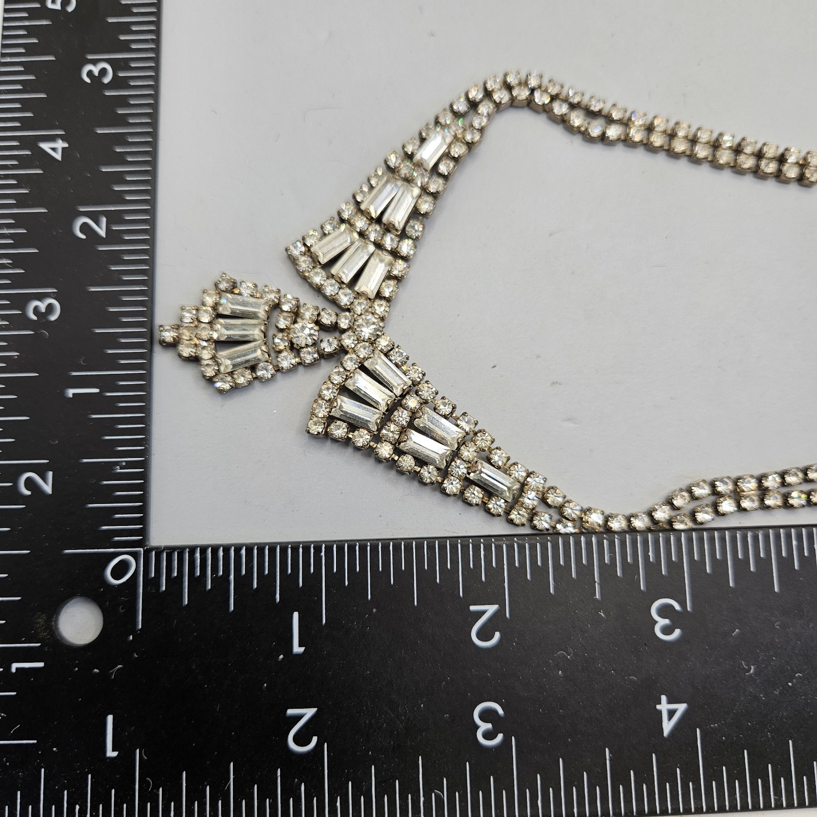 Vintage Art Deco Rhinestone Necklace Earrings Set Clear Baguette Pave Lot 15″