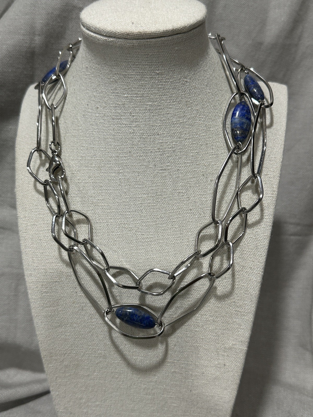 Simona Collini Stainless Steel Silver Tone Oval Link Necklace Blue Stones 34”
