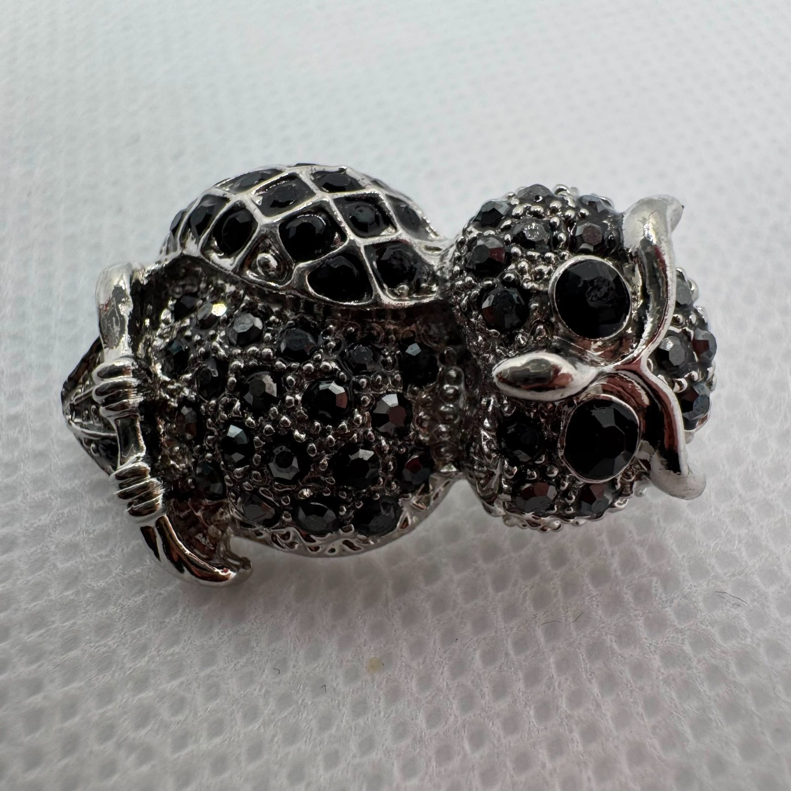Vintage Black Crystal Owl Brooch Silver Tone Owl Pin Gift for Her