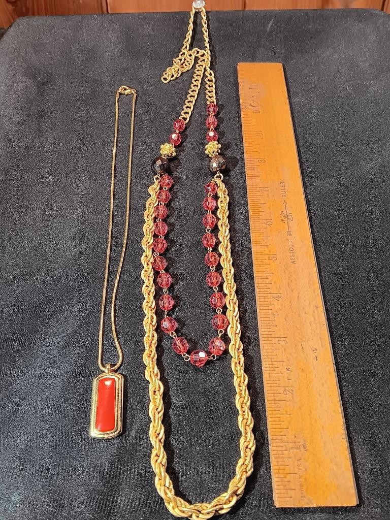 Two Vintage Gold Tone Necklaces Electric Red Pendant & Petal Rouge Bead J18