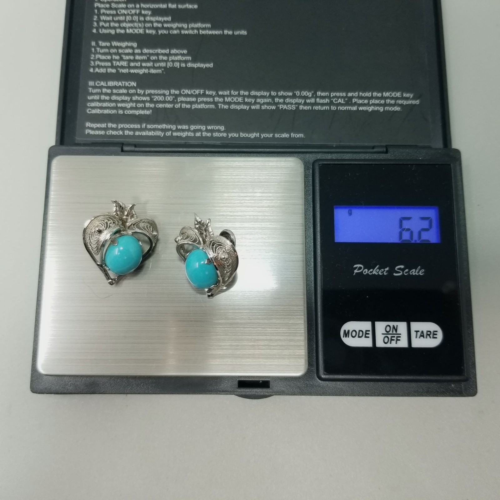 Vintage Sterling Silver Blue Cabochon Filigree Heart Clip On Screw Back Earrings