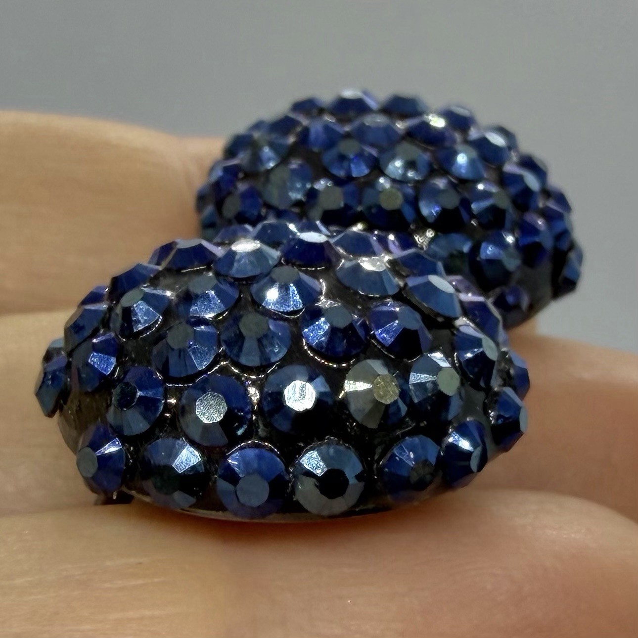 Vtg Blue Rhinestone Encrusted Dome AB Huggie Earrings Clip-on