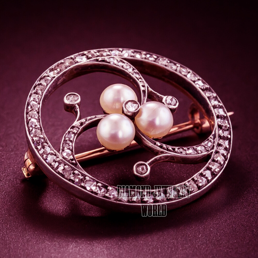 Stunning 1.88ct Rose Cut Diamond Pearl Studded Silver Vintage Brooch Pin Jewelry